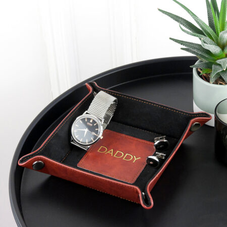 Personalised Embossed Luxury Leather Valet Trays: 1 - Gold Foil Debossed / Brown - Storage By Gift Moments