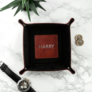 Personalised Embossed Luxury Leather Valet Trays: 2 - Silver Foil Debossed / Brown - Storage By Gift Moments