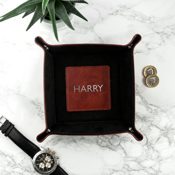 Personalised Embossed Luxury Leather Valet Trays: 2 - Silver Foil Debossed / Brown - Storage By Gift Moments