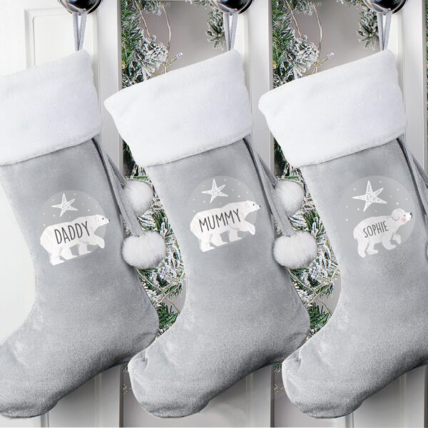 Personalised Family Polar Bear Silver Grey Stockings: 1 - Christmas Stockings By Gift Moments