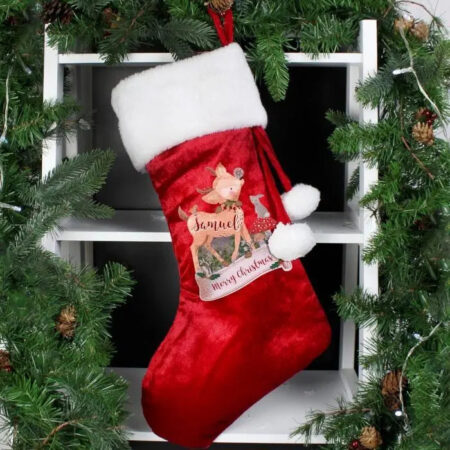 Personalised Festive Fawn Luxury Red Stocking: 5 - Christmas Stockings By Gift Moments