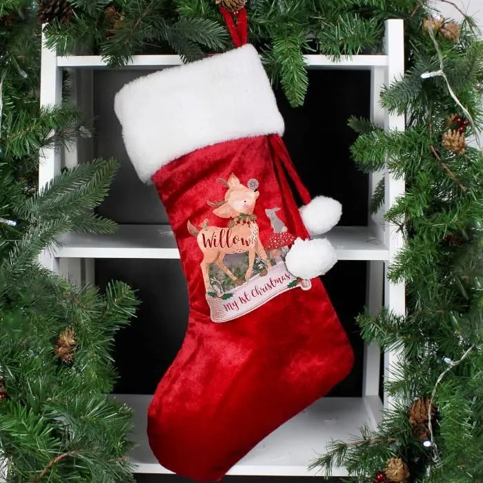 Personalised Festive Fawn Luxury Red Stocking: 1 - Christmas Stockings By Gift Moments