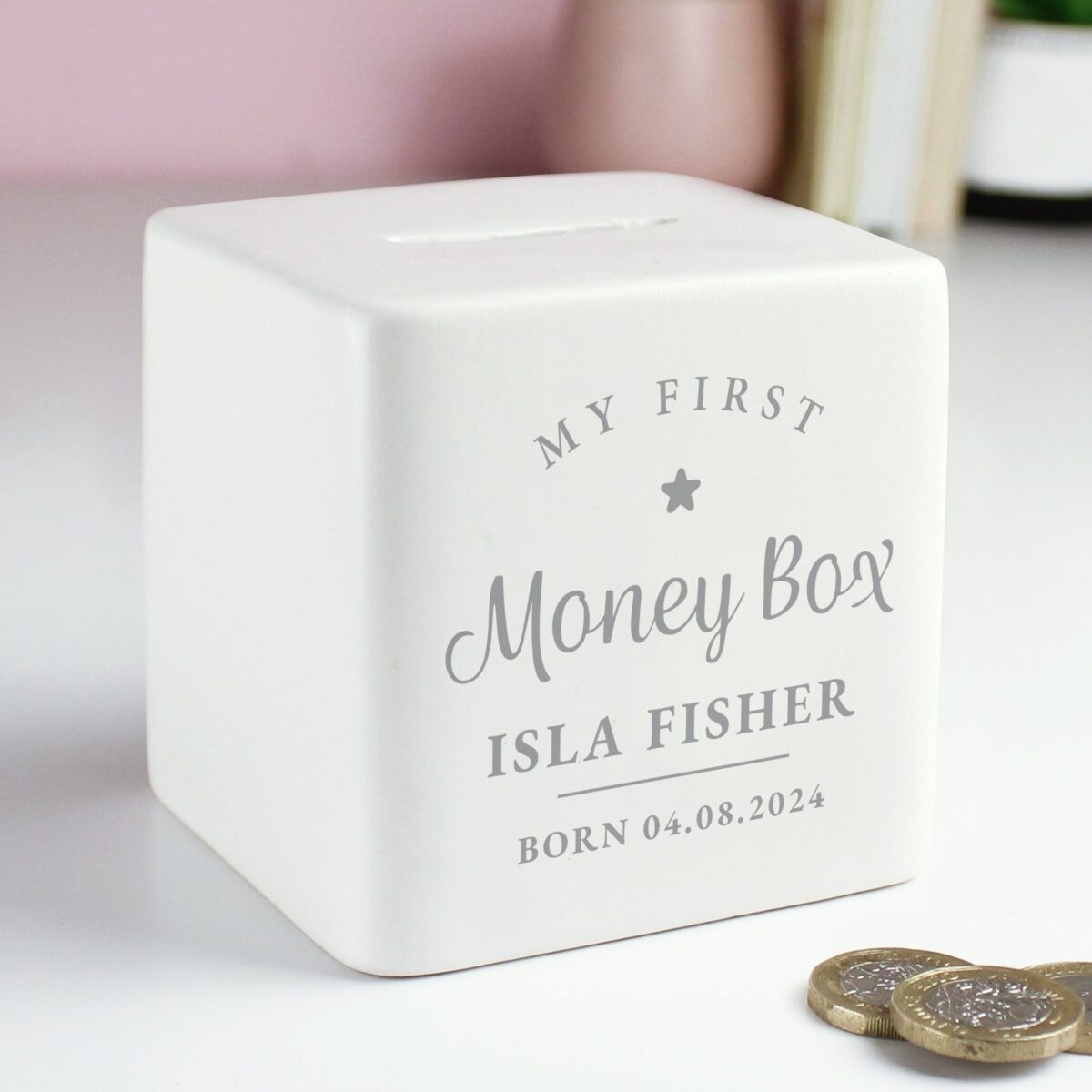 Personalised My First Ceramic Square Money Box: 3 - Money Boxes By Gift Moments