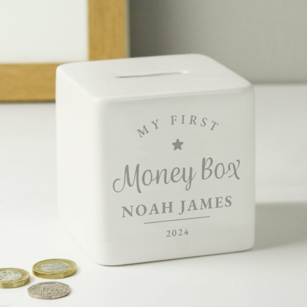 Personalised My First Ceramic Square Money Box: 2 - Money Boxes By Gift Moments