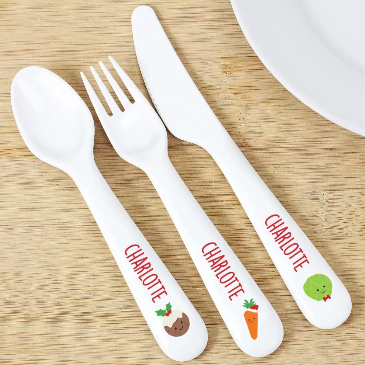 Personalised ’First Christmas Dinner’ 3 Piece Plastic Cutlery Set: 2 - Cutlery Sets By Gift Moments