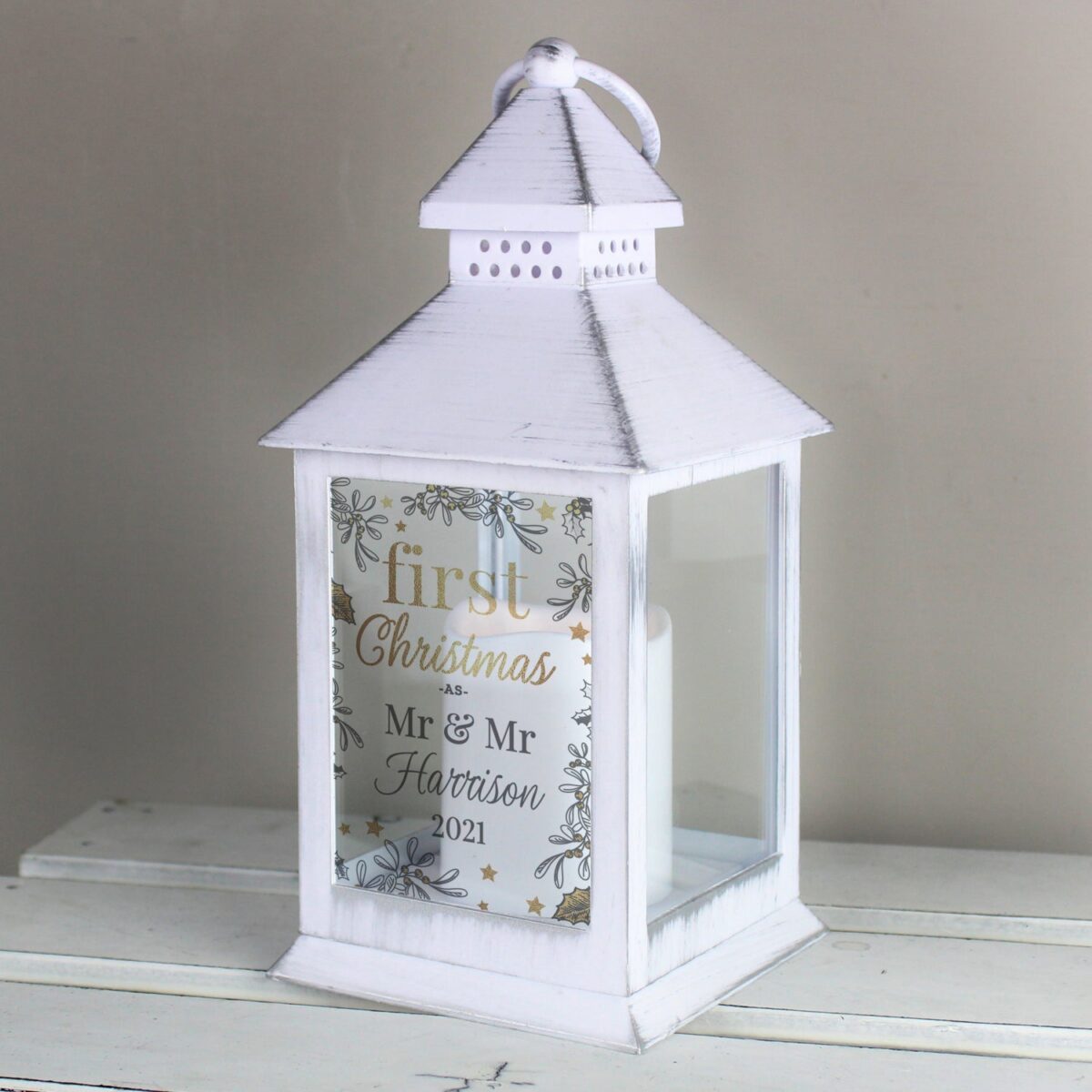 Personalised first christmas white lantern