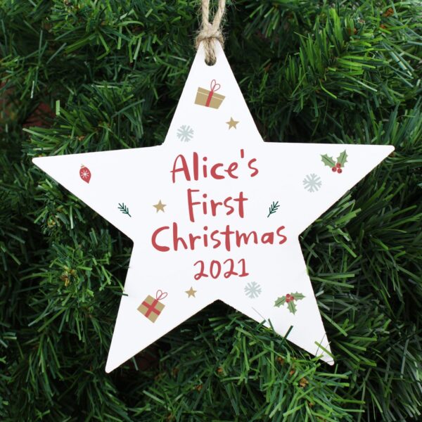 Personalised First Christmas Wooden Star Decoration: 1 - Christmas Decorations By Gift Moments
