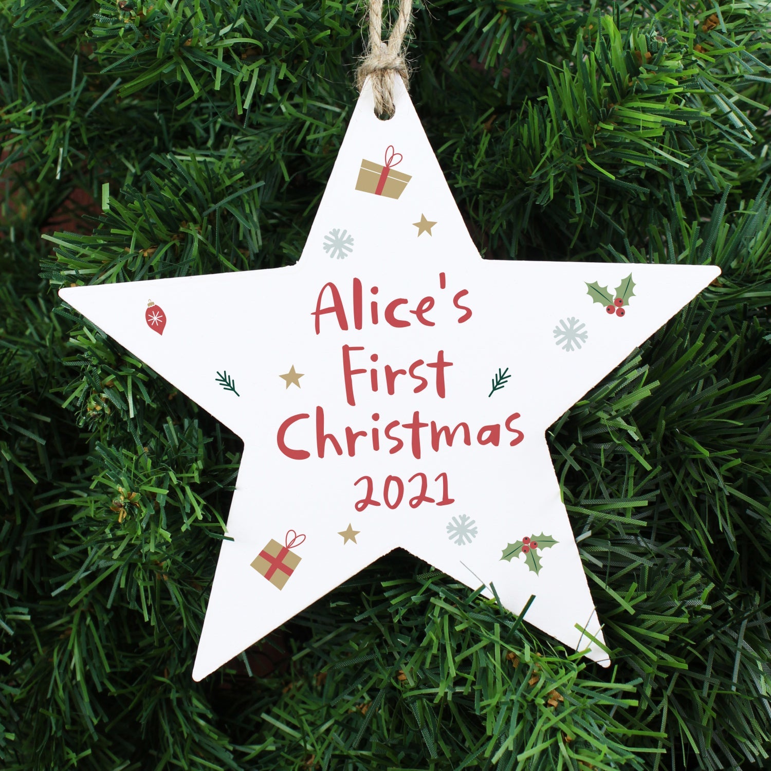 Personalised First Christmas Wooden Star Decoration: 1 - Christmas Decorations By Gift Moments