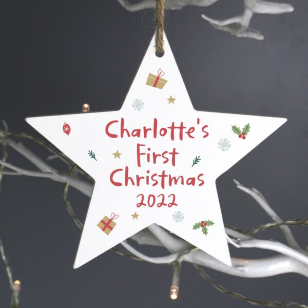 Personalised First Christmas Wooden Star Decoration: 2 - Christmas Decorations By Gift Moments