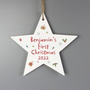 Personalised First Christmas Wooden Star Decoration: 3 - Christmas Decorations By Gift Moments