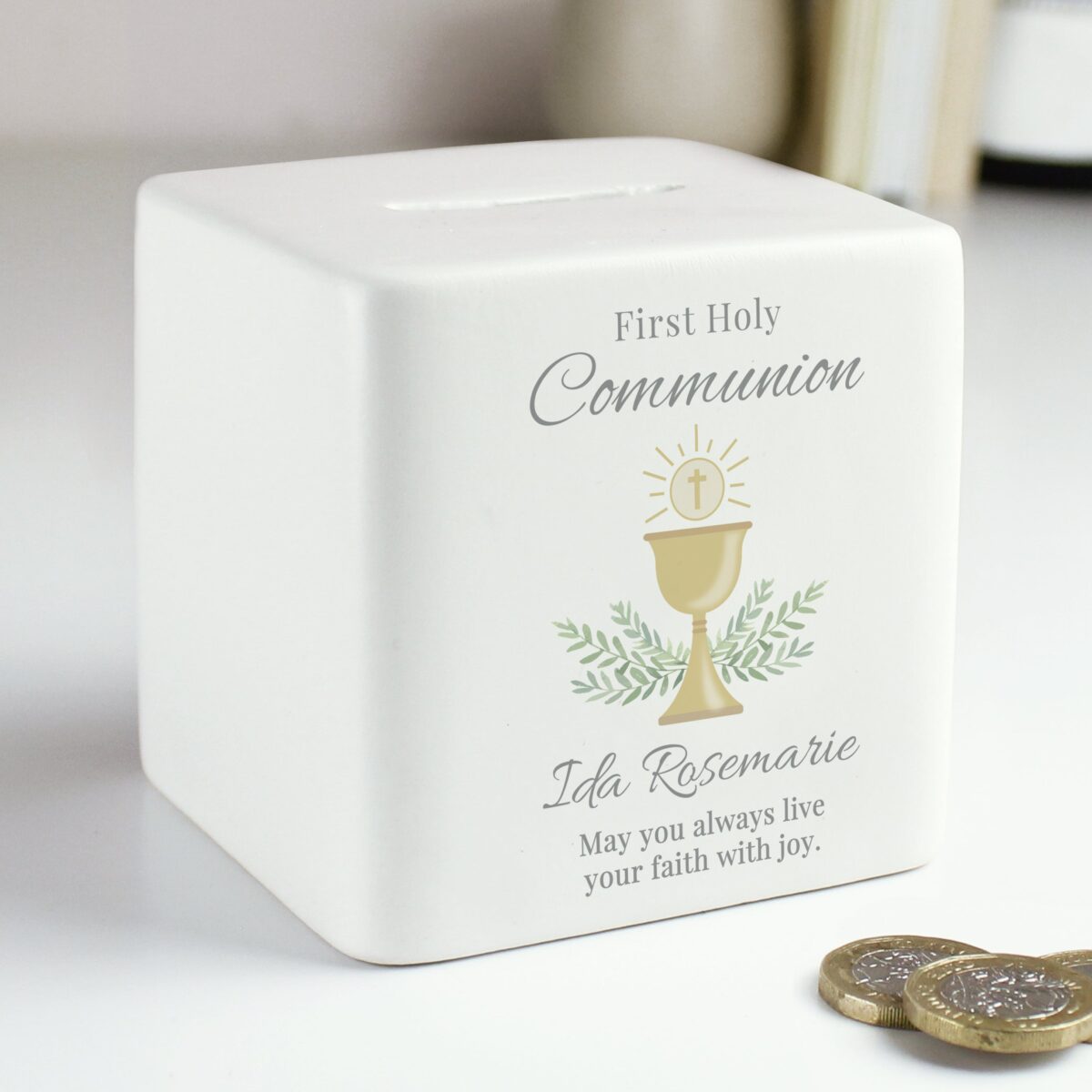 Personalised First Holy Communion Ceramic Square Money Box: 2 - Money Boxes By Gift Moments