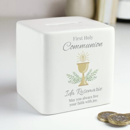 Personalised First Holy Communion Ceramic Square Money Box: 2 - Money Boxes By Gift Moments