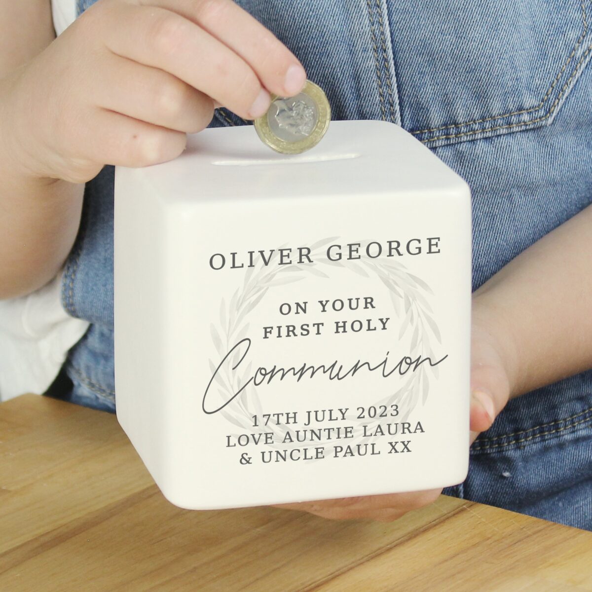 Personalised First Holy Communion Ceramic Square Money Box: 2 - Money Boxes By Gift Moments