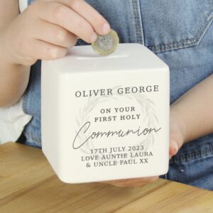 Personalised First Holy Communion Ceramic Square Money Box: 2 - Money Boxes By Gift Moments