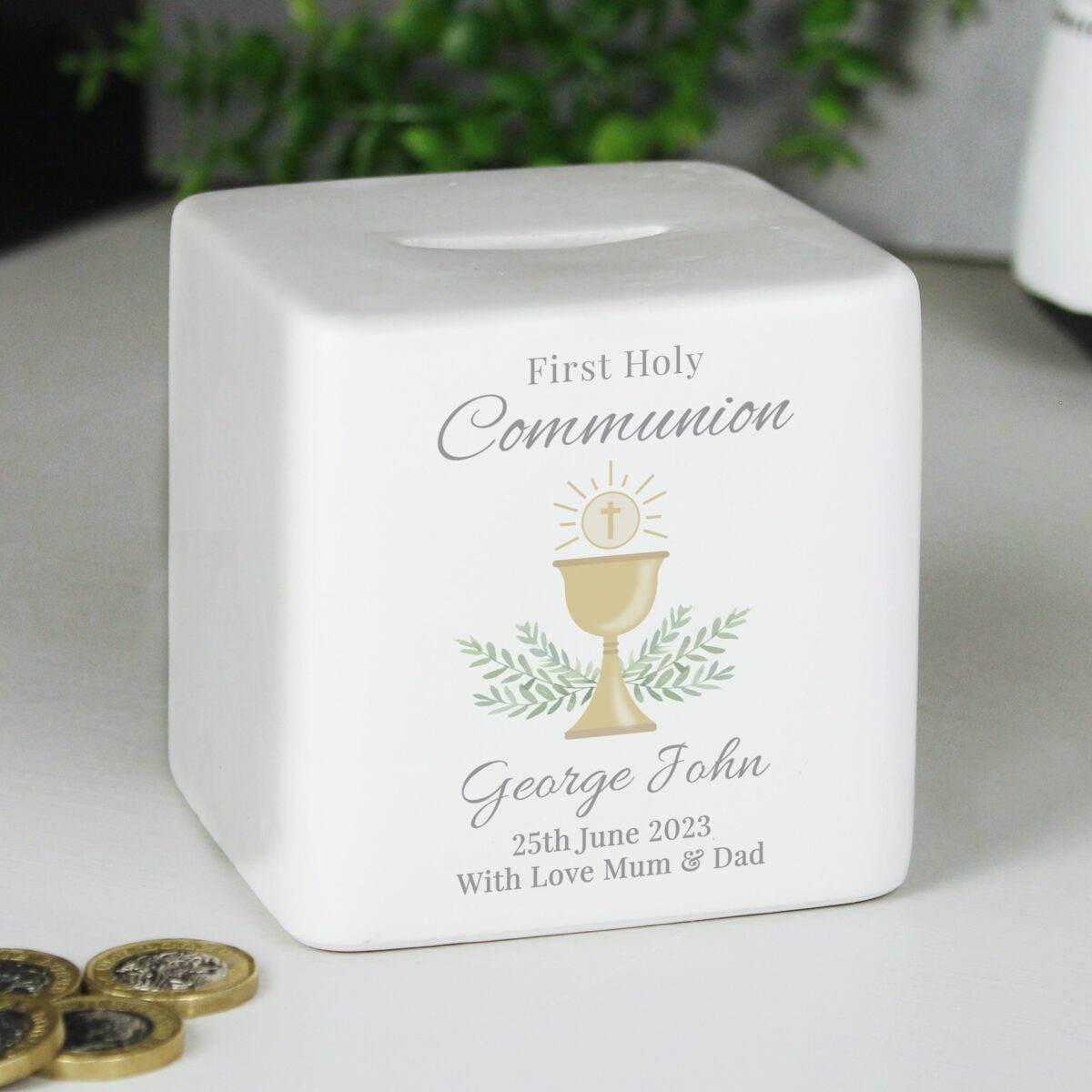 Personalised First Holy Communion Ceramic Square Money Box: 3 - Money Boxes By Gift Moments