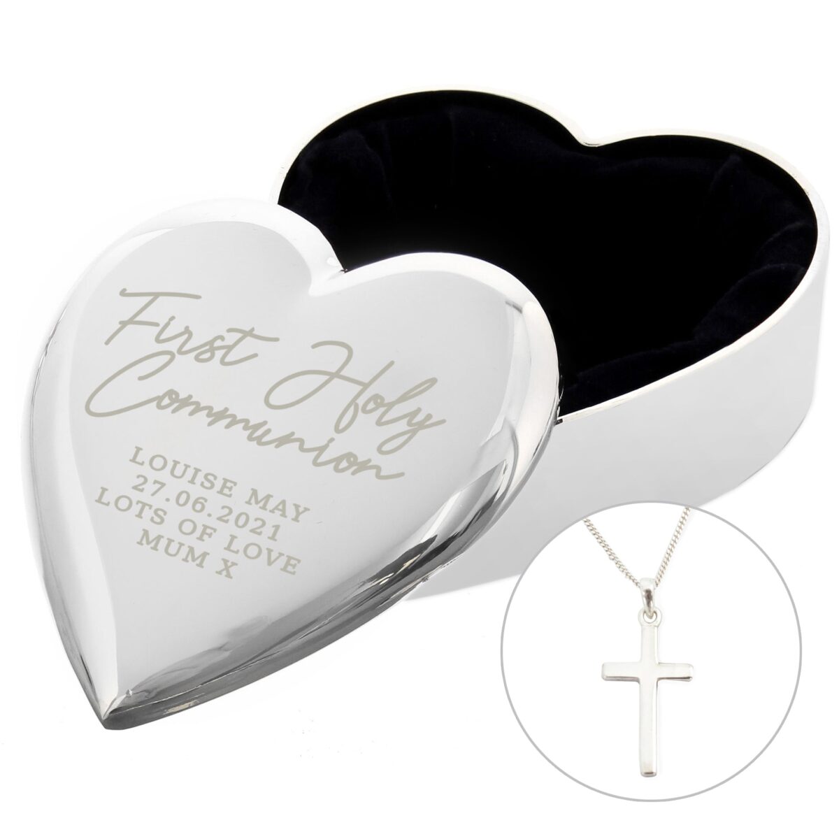 Personalised first holy communion heart trinket box cross necklace