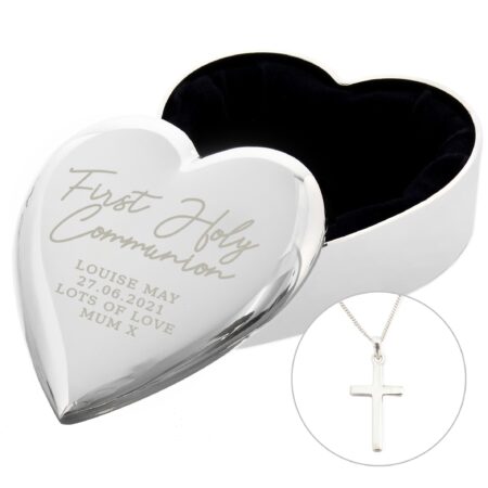 Personalised first holy communion heart trinket box cross necklace