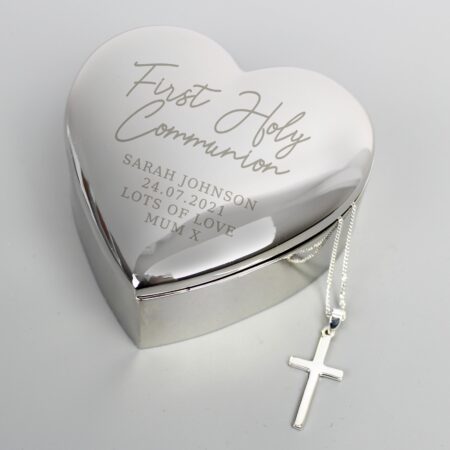 Personalised first holy communion heart trinket box cross necklace