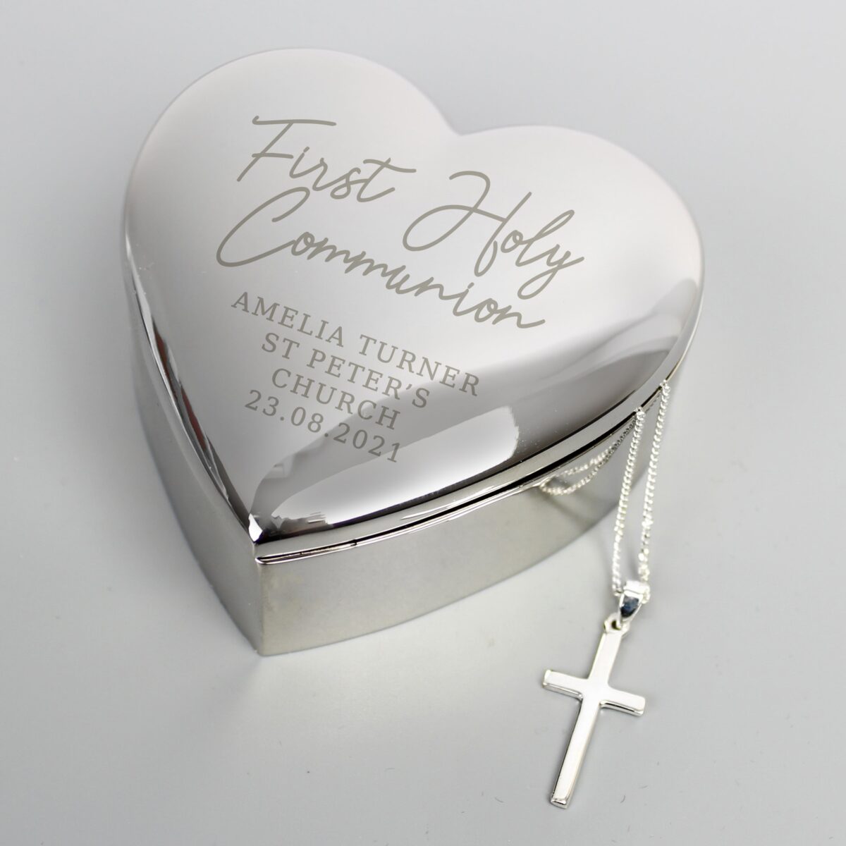 Personalised first holy communion heart trinket box cross necklace