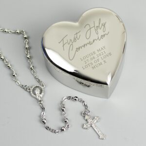 Personalised First Holy Communion Rosary Beads and Cross Heart Trinket Box: 1 - Trinket Boxes By Gift Moments