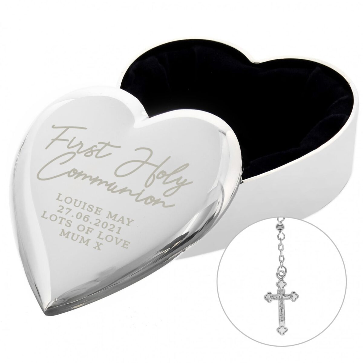 Personalised First Holy Communion Rosary Beads and Cross Heart Trinket Box: 3 - Trinket Boxes By Gift Moments
