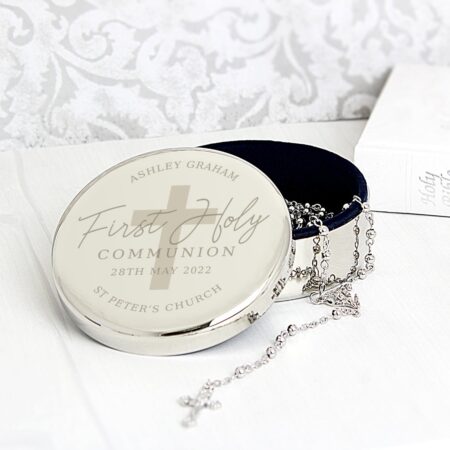 Personalised First Holy Communion Round Trinket Box & Rosary Beads Set: 1 - Trinket Boxes By Gift Moments
