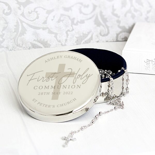 Personalised First Holy Communion Round Trinket Box & Rosary Beads Set: 1 - Trinket Boxes By Gift Moments