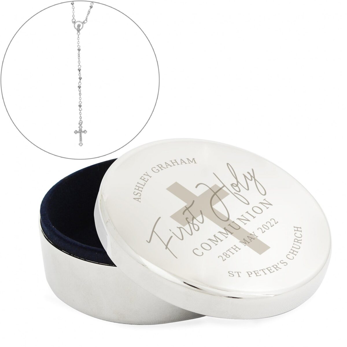 Personalised First Holy Communion Round Trinket Box & Rosary Beads Set: 4 - Trinket Boxes By Gift Moments