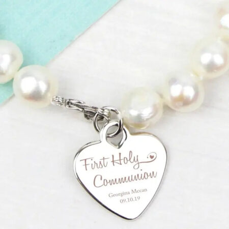 Personalised First Holy Communion Swirls & Hearts White Freshwater Pearl Bracelet: 1 - Bracelets By Gift Moments