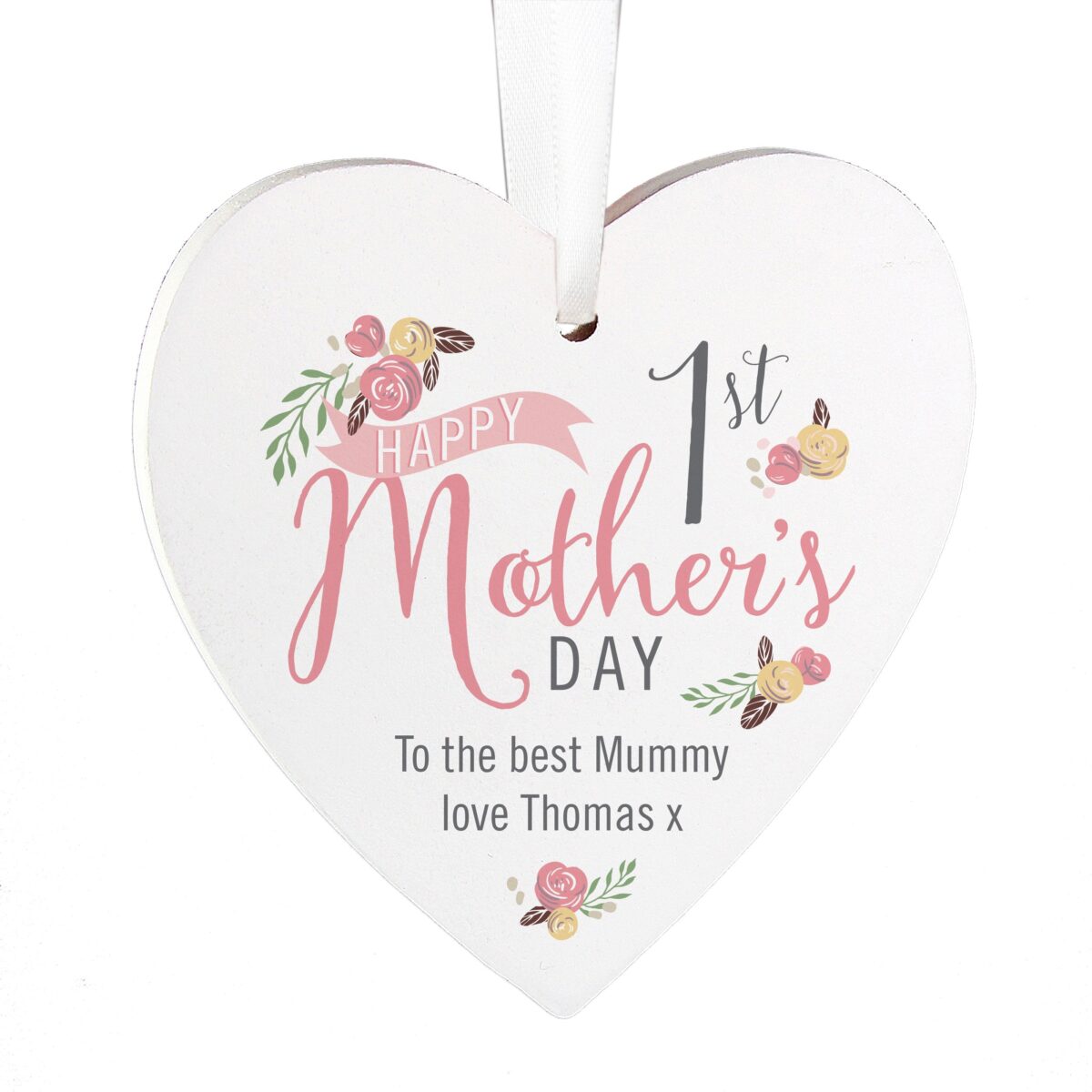 Personalised Floral Bouquet 1st Mothers Day Wooden Heart Decoration: 3 - Decorations By Gift Moments