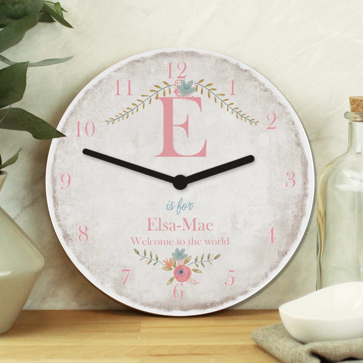 Personalised Floral Bouquet Shabby Chic Large Wooden Clock: 3 - Clocks By Gift Moments