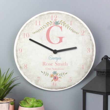 Personalised Floral Bouquet Shabby Chic Large Wooden Clock: 4 - Clocks By Gift Moments