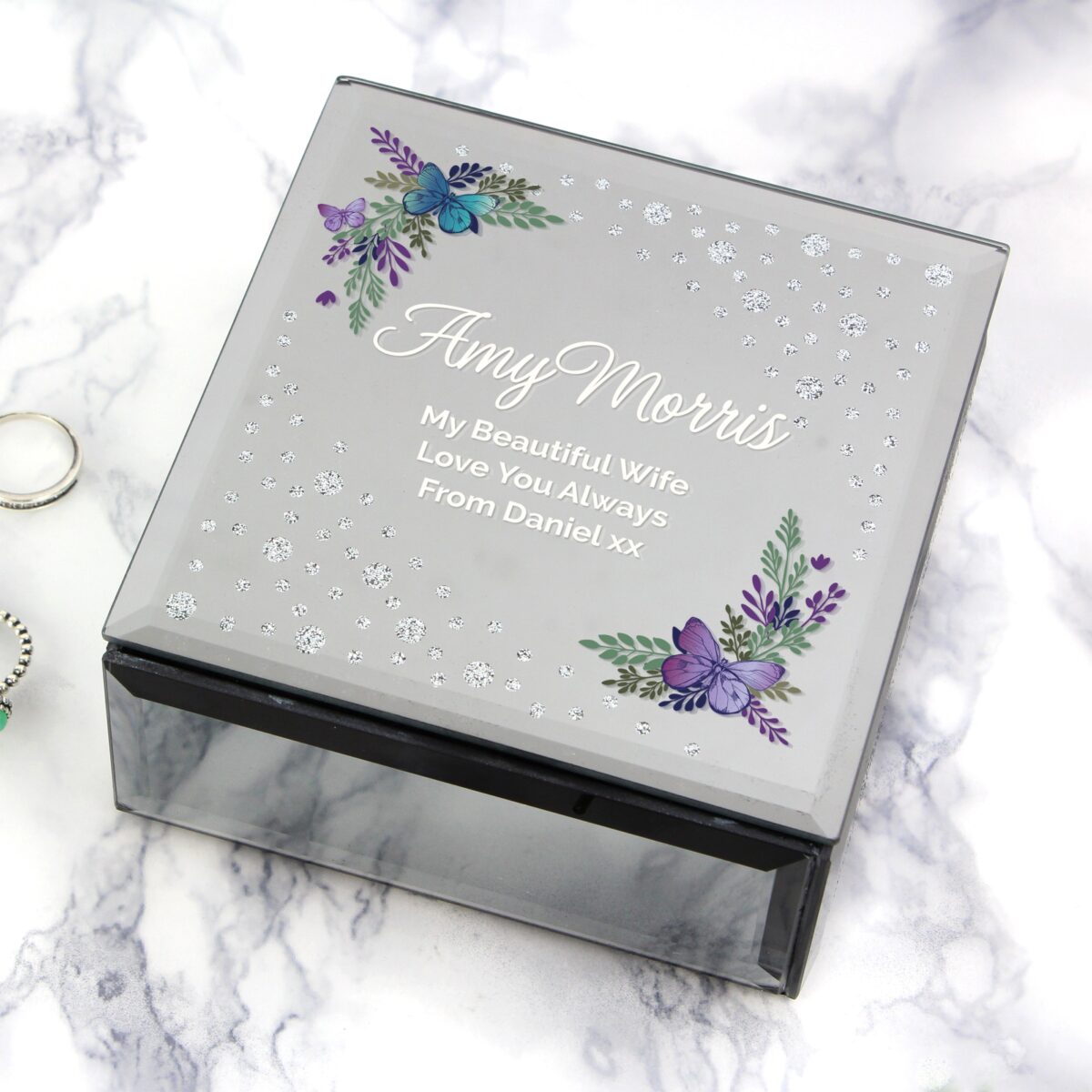 Personalised Floral Butterfly Diamante Glass Trinket Box: 7 - Trinket Boxes By Gift Moments