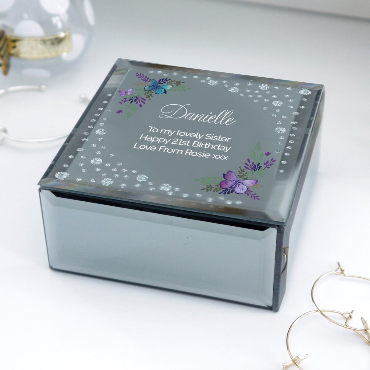 Personalised Floral Butterfly Diamante Glass Trinket Box: 1 - Trinket Boxes By Gift Moments