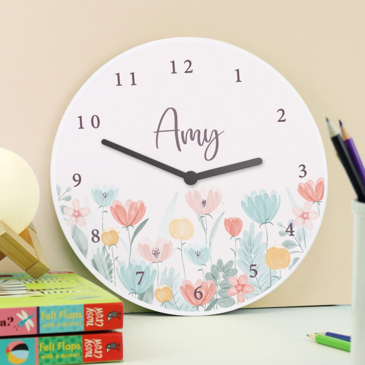 Personalised Floral Children’s Wall Clock: 2 - Clocks By Gift Moments