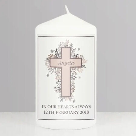 Personalised Floral Cross Pillar Candle: 3 - Candles By Gift Moments