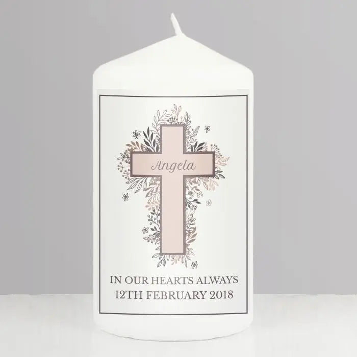 Personalised Floral Cross Pillar Candle: 3 - Candles By Gift Moments