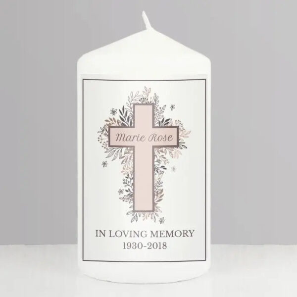 Personalised Floral Cross Pillar Candle: 1 - Candles By Gift Moments