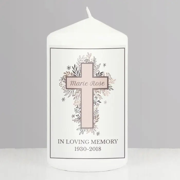 Personalised Floral Cross Pillar Candle: 1 - Candles By Gift Moments