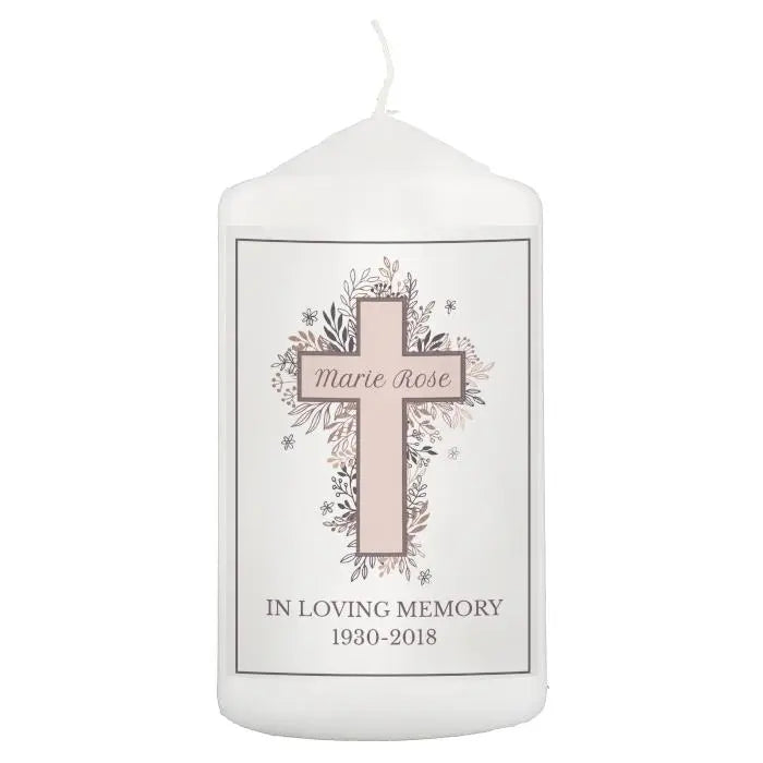 Personalised Floral Cross Pillar Candle: 2 - Candles By Gift Moments