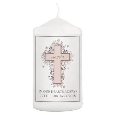 Personalised Floral Cross Pillar Candle: 4 - Candles By Gift Moments