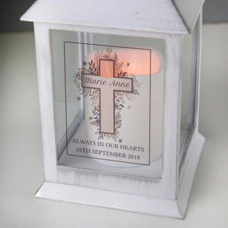 Personalised Floral Cross White Lantern: 3 - LED Lighting By Gift Moments