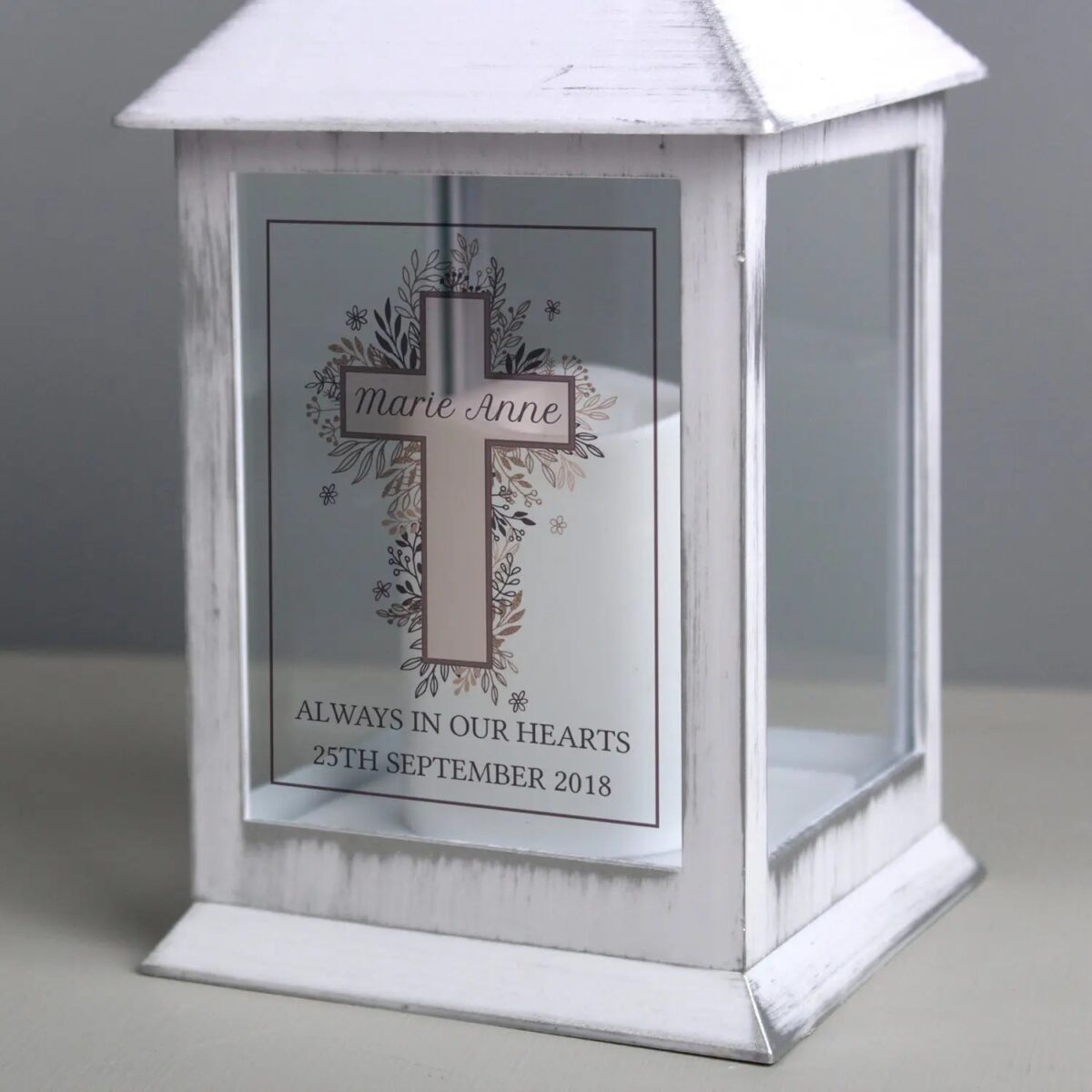 Personalised Floral Cross White Lantern: 2 - LED Lighting By Gift Moments