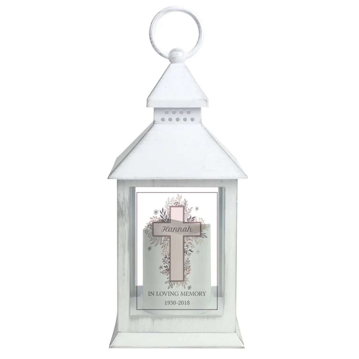 Personalised Floral Cross White Lantern: 4 - LED Lighting By Gift Moments