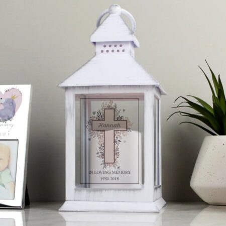 Personalised Floral Cross White Lantern: 1 - LED Lighting By Gift Moments