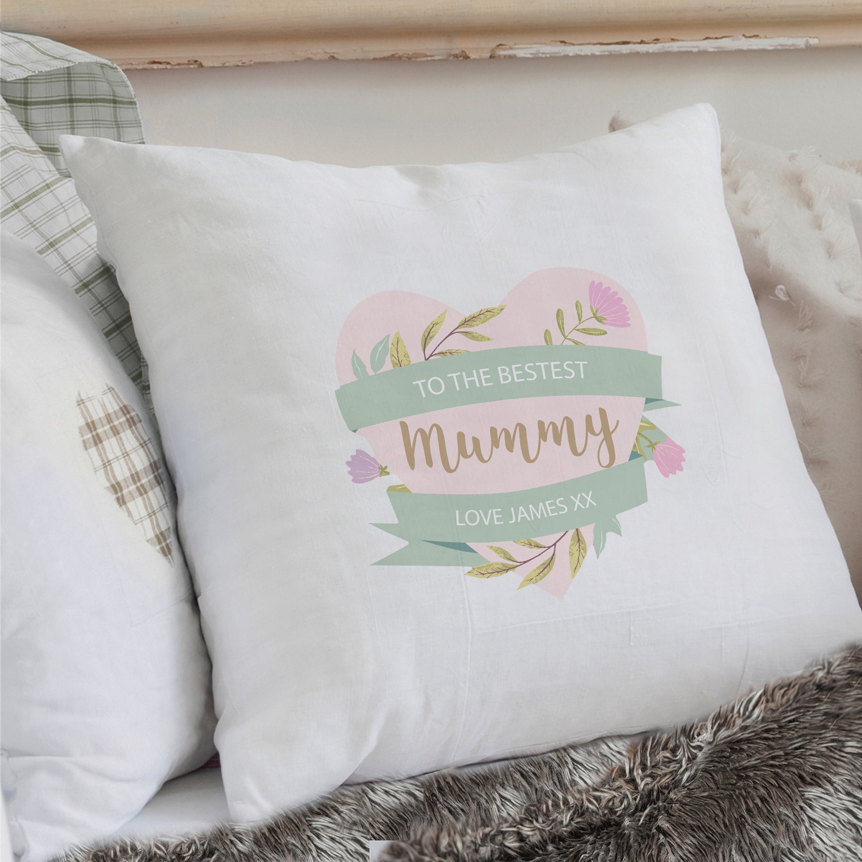 Personalised Floral Heart Mothers Day Cream Cushion: 1 - Cushions By Gift Moments
