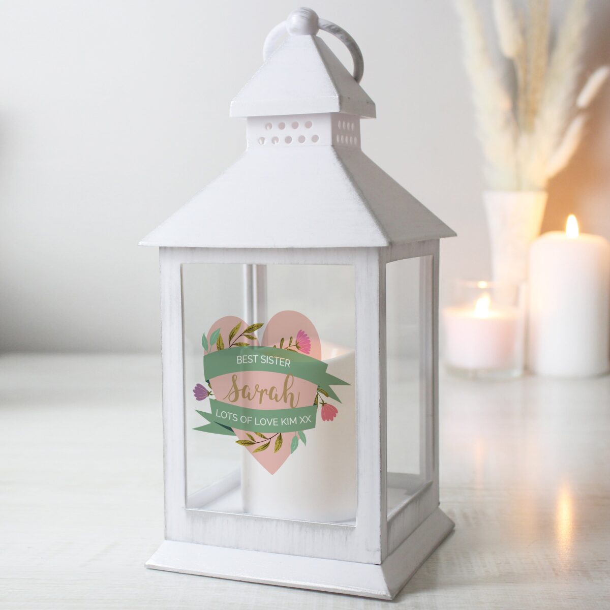 Personalised Floral Heart Mothers Day White Lantern: 3 - LED Lighting By Gift Moments