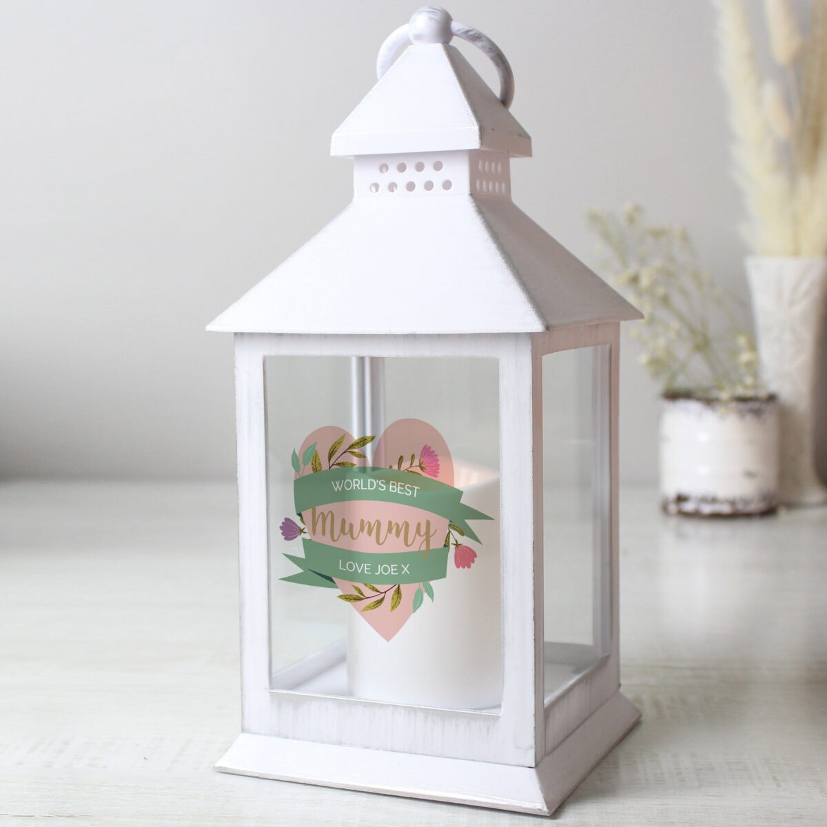 Personalised Floral Heart Mothers Day White Lantern: 1 - LED Lighting By Gift Moments