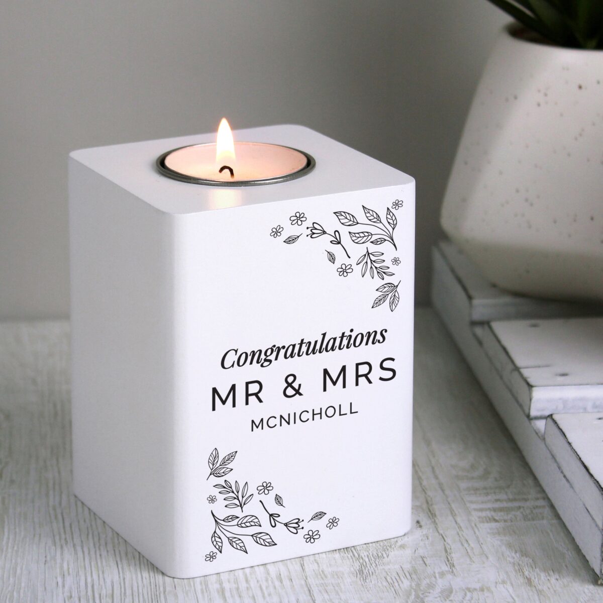 Personalised Floral Leaf White Wooden Tea Light Holder: 2 - Candle Holders By Gift Moments