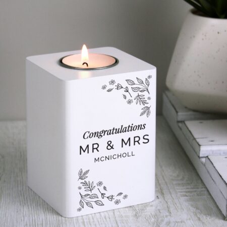 Personalised Floral Leaf White Wooden Tea Light Holder: 2 - Candle Holders By Gift Moments